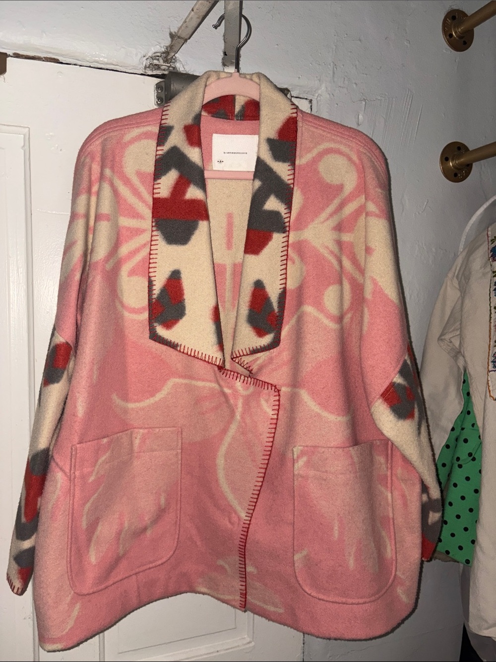 Anthropologie Women's Pink Patterned Shawl Collar Wool Jacket